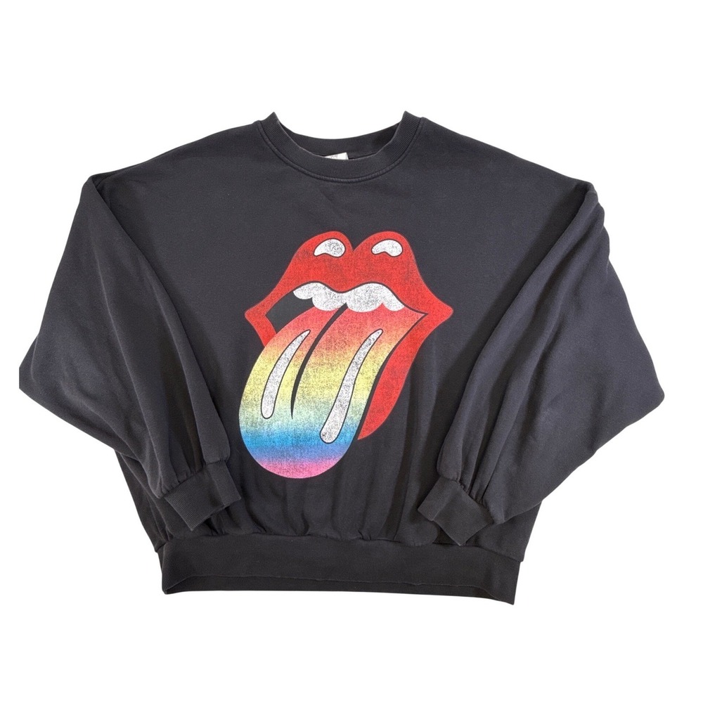 HM Rolling Stones Sweatshirt Womens Small Black Rainbow Tongue Graphic Pullover